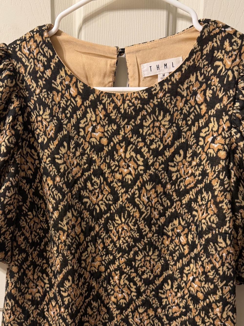 THML Black and Gold Damask Puff-Sleeve Mini Dress - Picture 2 of 5